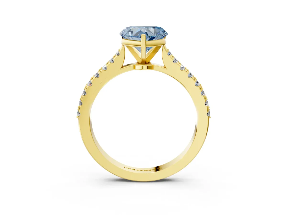 Fancy Blue Heart Cut Cut Solitaire Diamond Engagement Ring with Pave Band and Four-Prong Setting Yellow gold