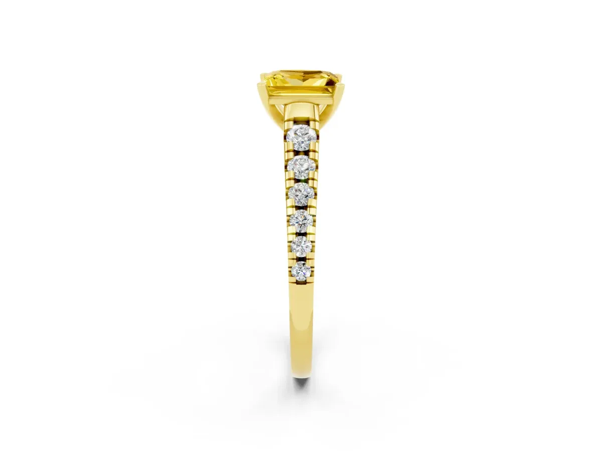Princess Cut Yellow Sapphire Cathedral Solitaire Ring with Round Pavé Band Yellow gold