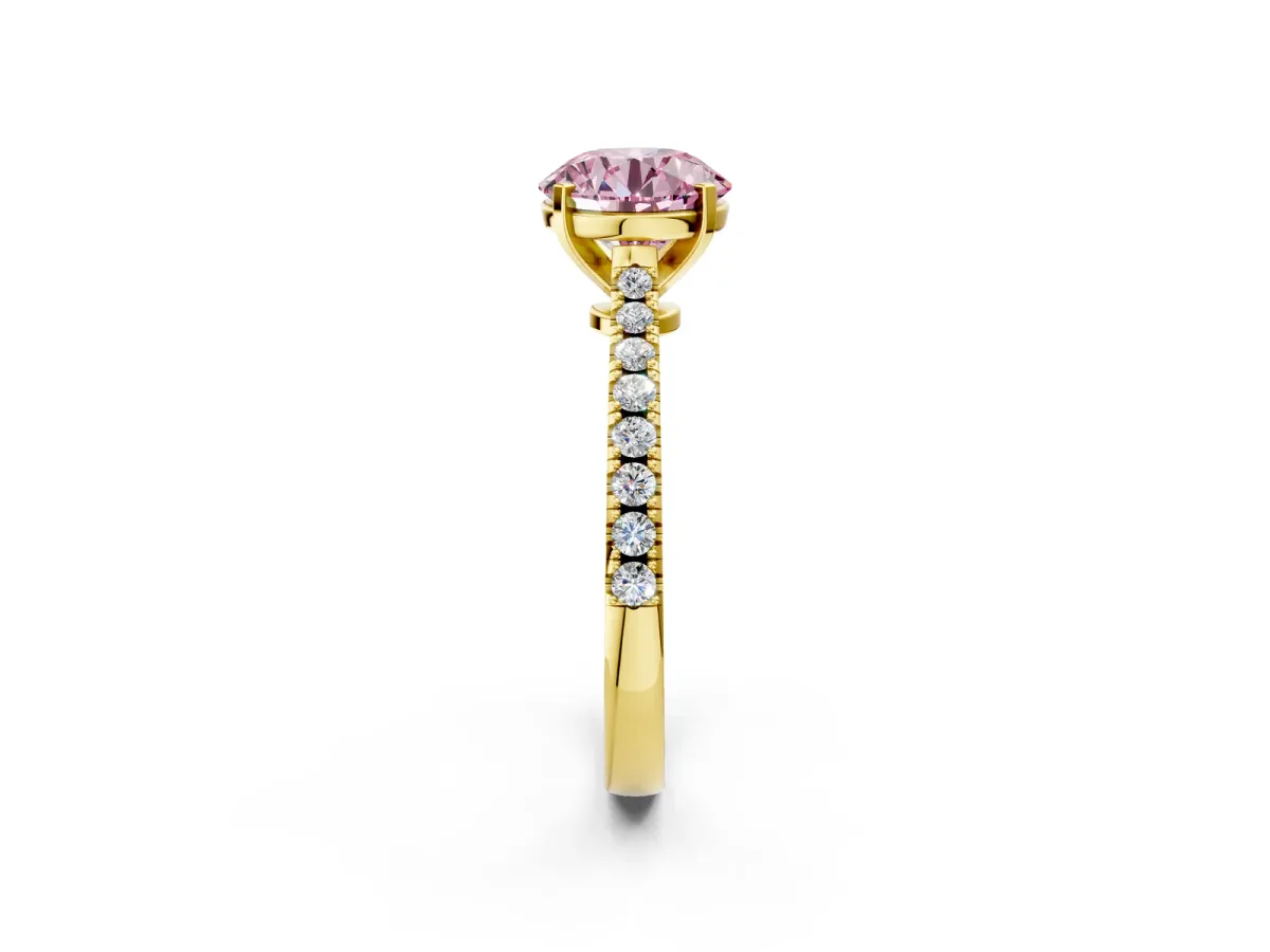 Fancy Pink Round Cut Cut Solitaire Diamond Engagement Ring with Pave Band and Four-Prong Setting Yellow gold
