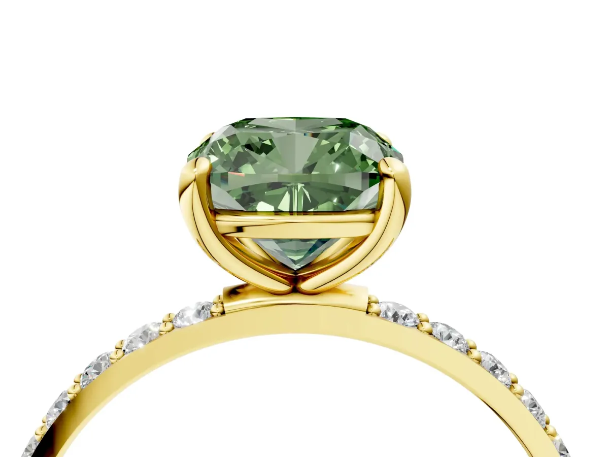 Fancy Green Cushion Cut Diamond Solitaire Ring with Round Pavé Band and Prong Setting Yellow gold