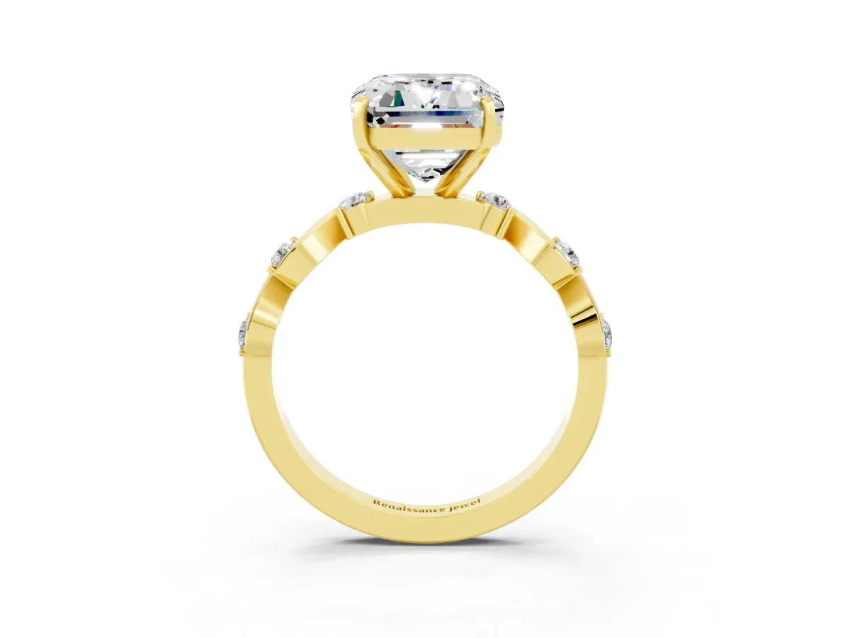 Emerald Cut Moissanite Solitaire Twisted Band with Round Accents and Prong Setting Yellow gold
