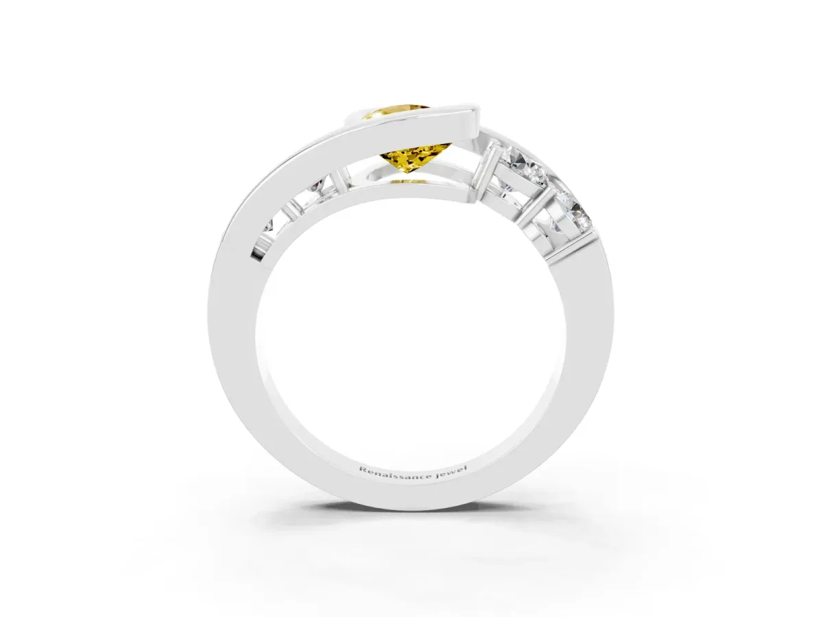 Bezel Set Pear Cut Yellow Sapphire Bypass Ring with Round Accents Platinum