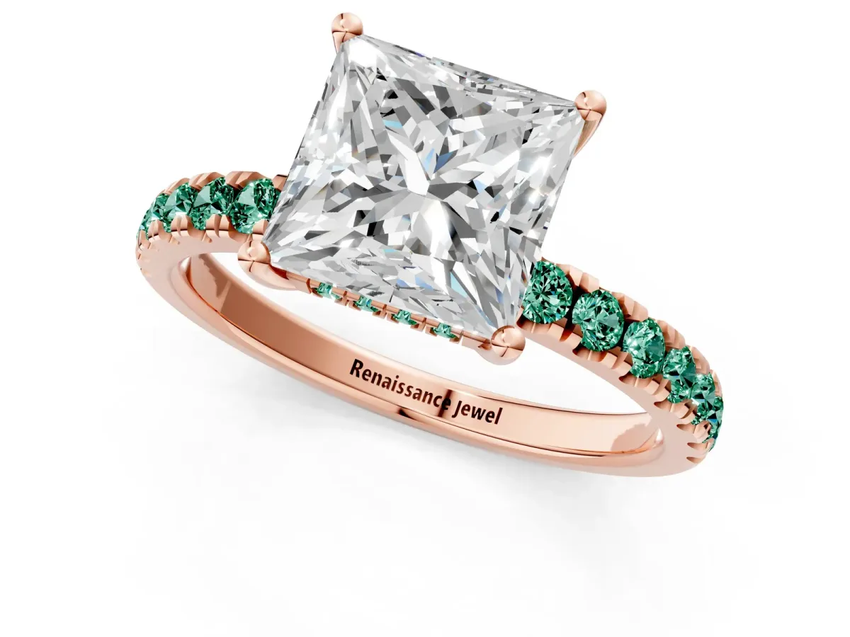 Princess Cut Diamond Pave Band Solitaire Ring with Round Green Sapphire and Prong Setting Rose gold