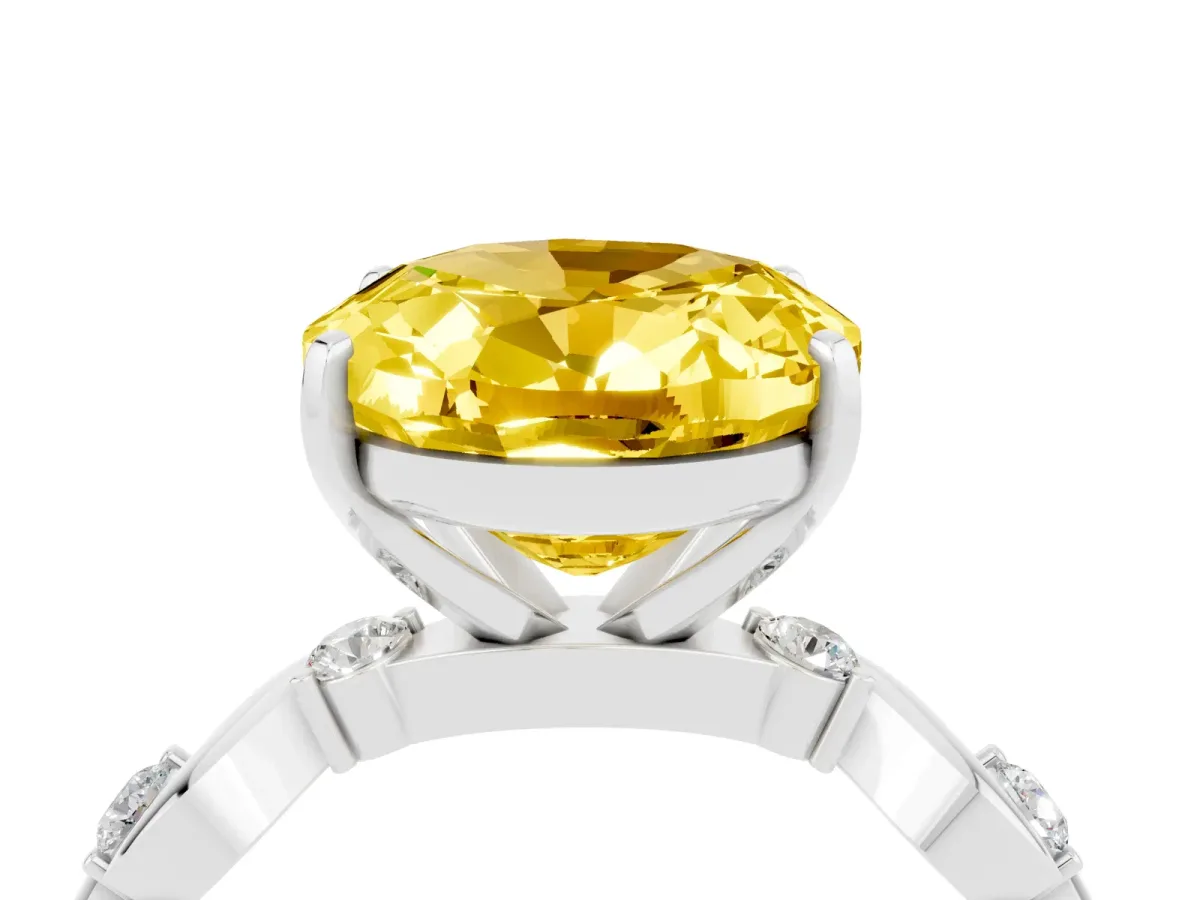 Oval Cut Yellow Sapphire Solitaire Twisted Band with Round Accents and Prong Setting White gold