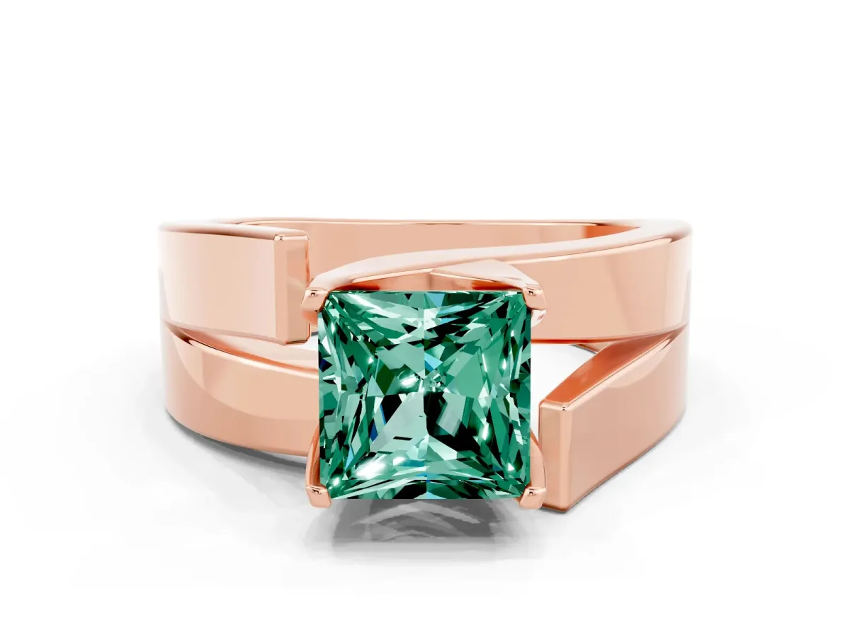Modern Tension Set Princess Cut Green Sapphire Solitaire Wide Band Ring Rose gold