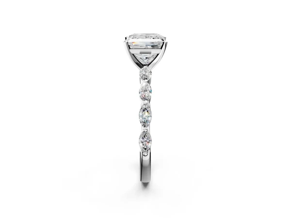 Princess Cut Diamond Ring with Marquise Side Stones and Prong Setting Platinum