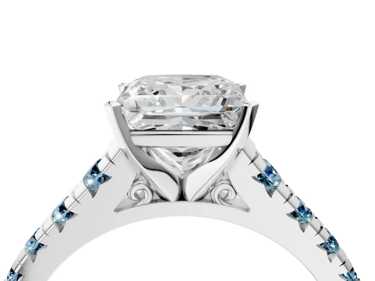 Princess Cut Diamond Cathedral Solitaire Ring with Round Aquamarine Pavé Band White gold