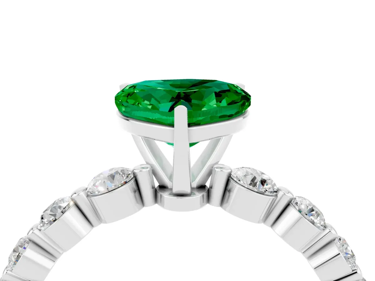 Heart Cut Solitaire Emerald Ring with Pave Band and Four-Prong Setting Silver