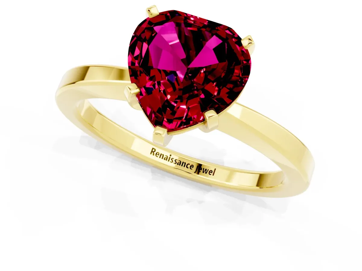 Heart Cut Garnet Solitaire Engagement Ring with Classic Band and Four-Prong Setting Yellow gold