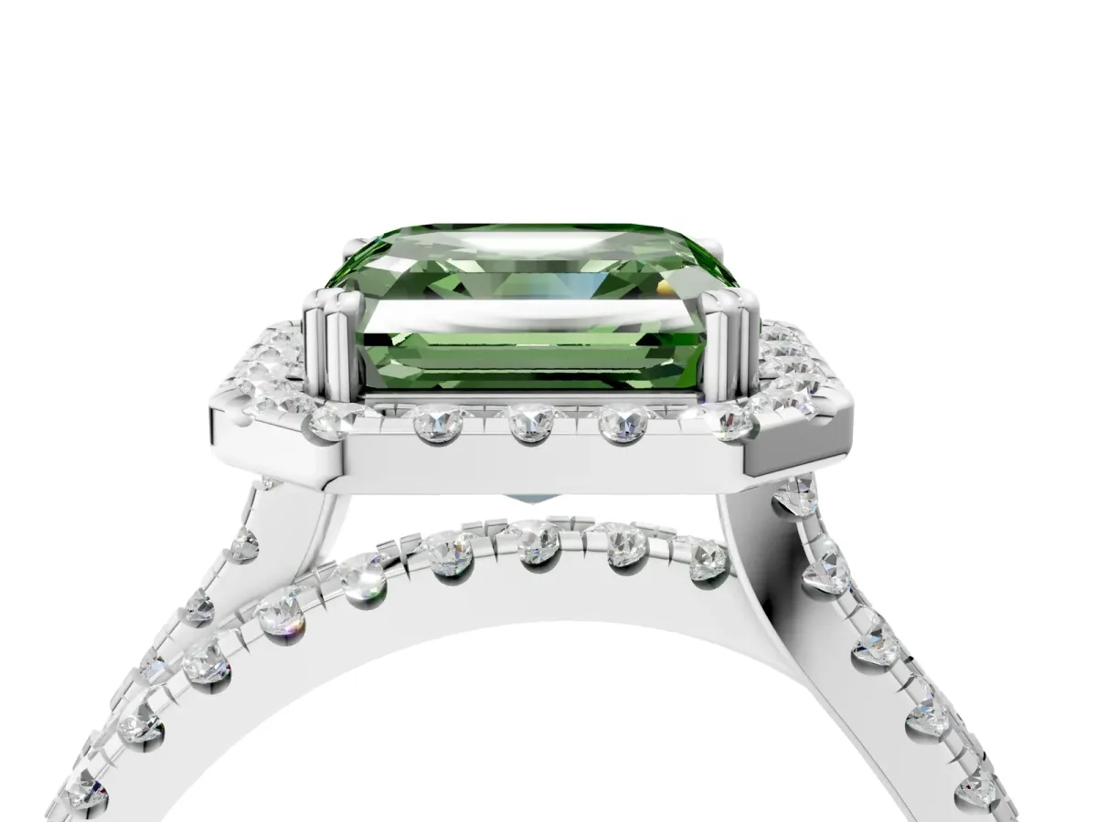 Fancy Green Asscher Cut Halo Split Shank Diamond Ring with Pavé Setting Platinum