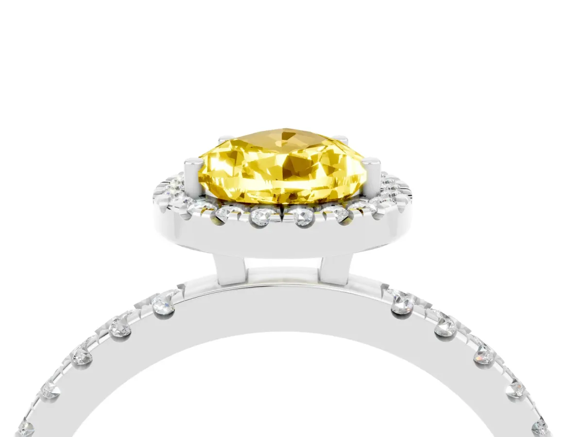 Pear Cut Yellow Sapphire Classic Halo Engagement Ring with Round Pavé Band and Prong Setting Silver