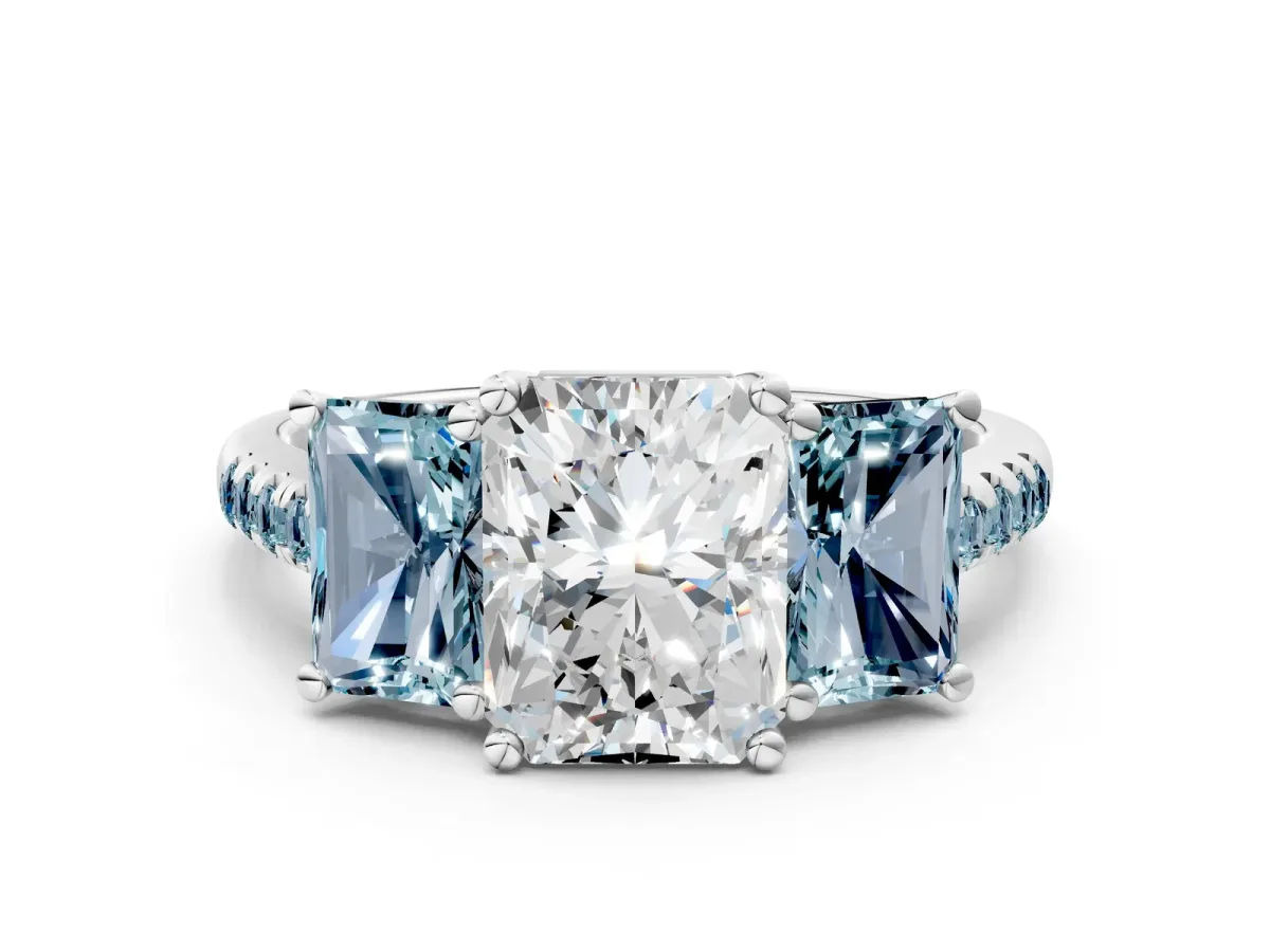 Three-Stone Radiant Cut Diamond Ring with Round Aquamarine Pavé Band and Prong Setting White gold