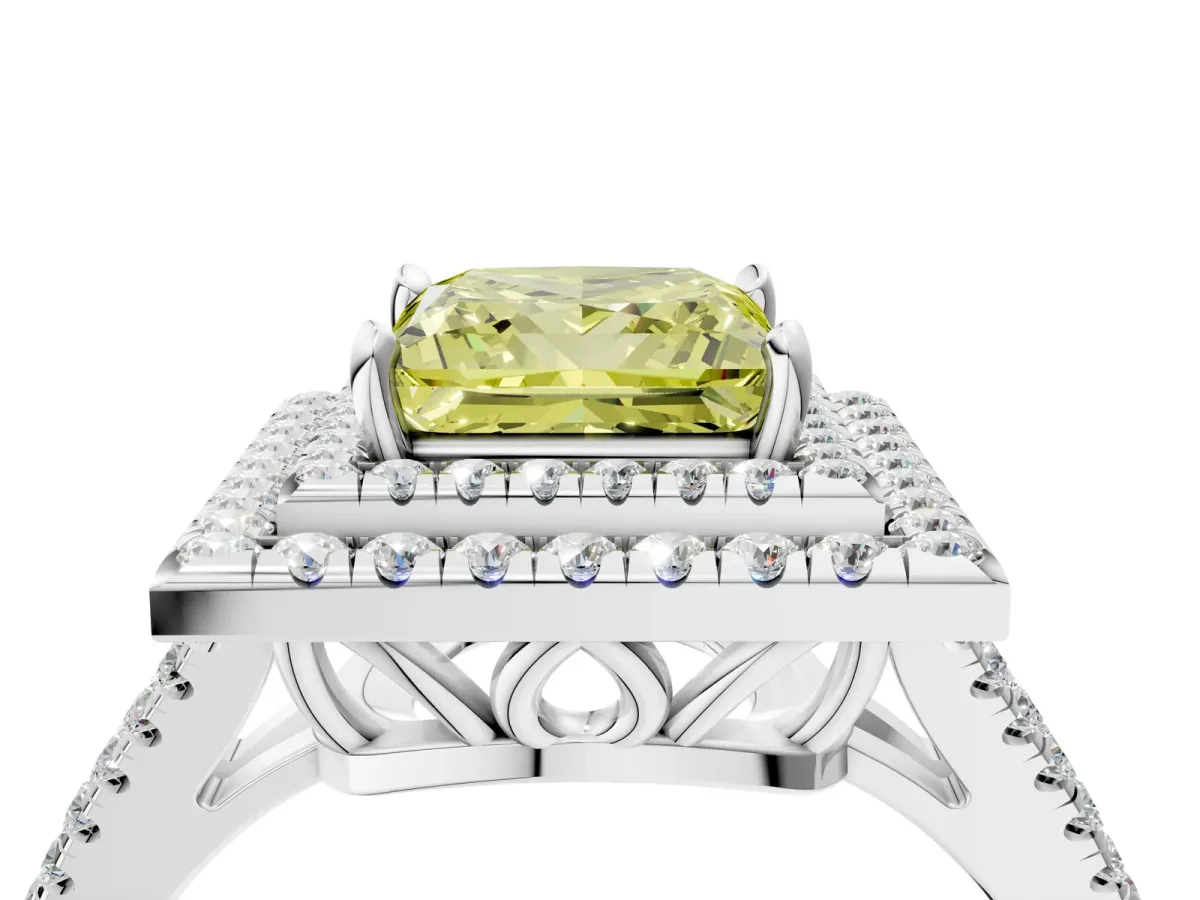 Fancy Yellow Princess Cut Diamond Double Halo Ring with Pavé Band and Prong Setting White gold