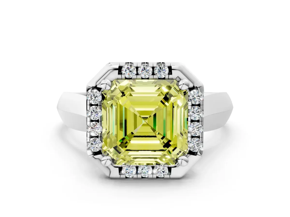 Fancy Yellow Asscher Cut Cut Halo Solitaire Engagement Ring with Square Band and Four-Prong Setting White gold