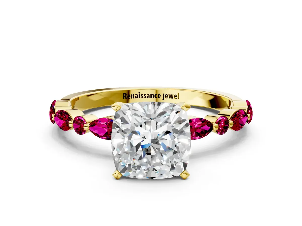 Cushion Cut Diamond Ring with Marquise and Round Garnet Side Stones and Four-Prong Setting Yellow gold