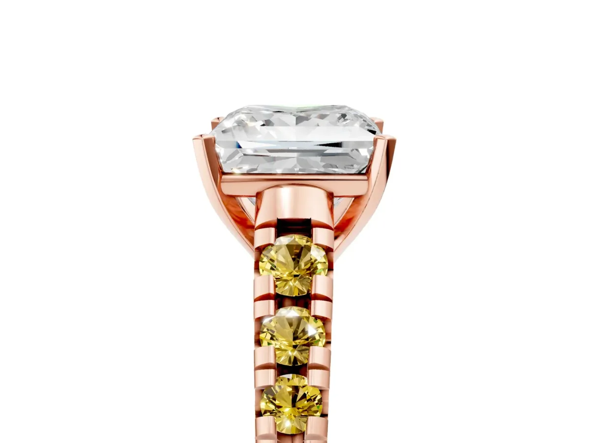 Princess Cut Diamond Cathedral Solitaire Ring with Round Yellow Sapphire Pavé Band Rose gold