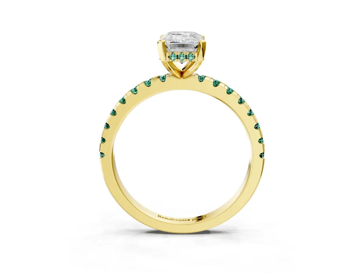 Emerald Cut Diamond Solitaire Ring with Round Green Sapphire Pavé Band and Four-Prong Setting Yellow gold