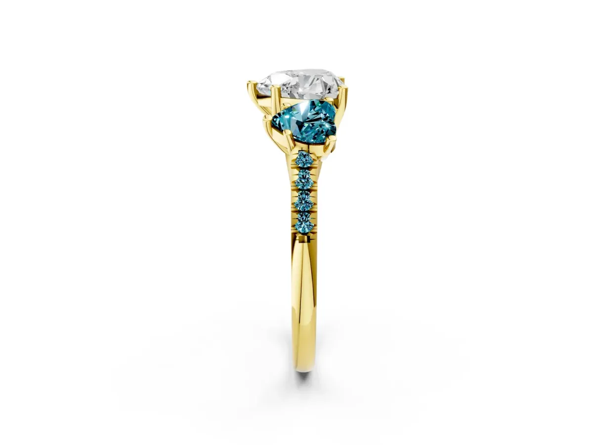 Three-Stone Heart Cut Diamond Ring with Round Blue Topaz Pavé Band and Prong Setting Yellow gold