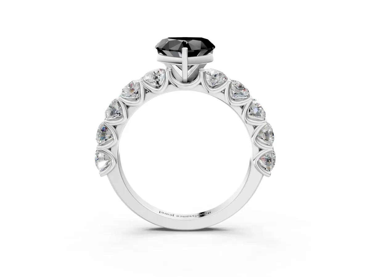 Fancy Black Heart Cut Diamond Prong Setting with Side Stones on a Pave Band Silver