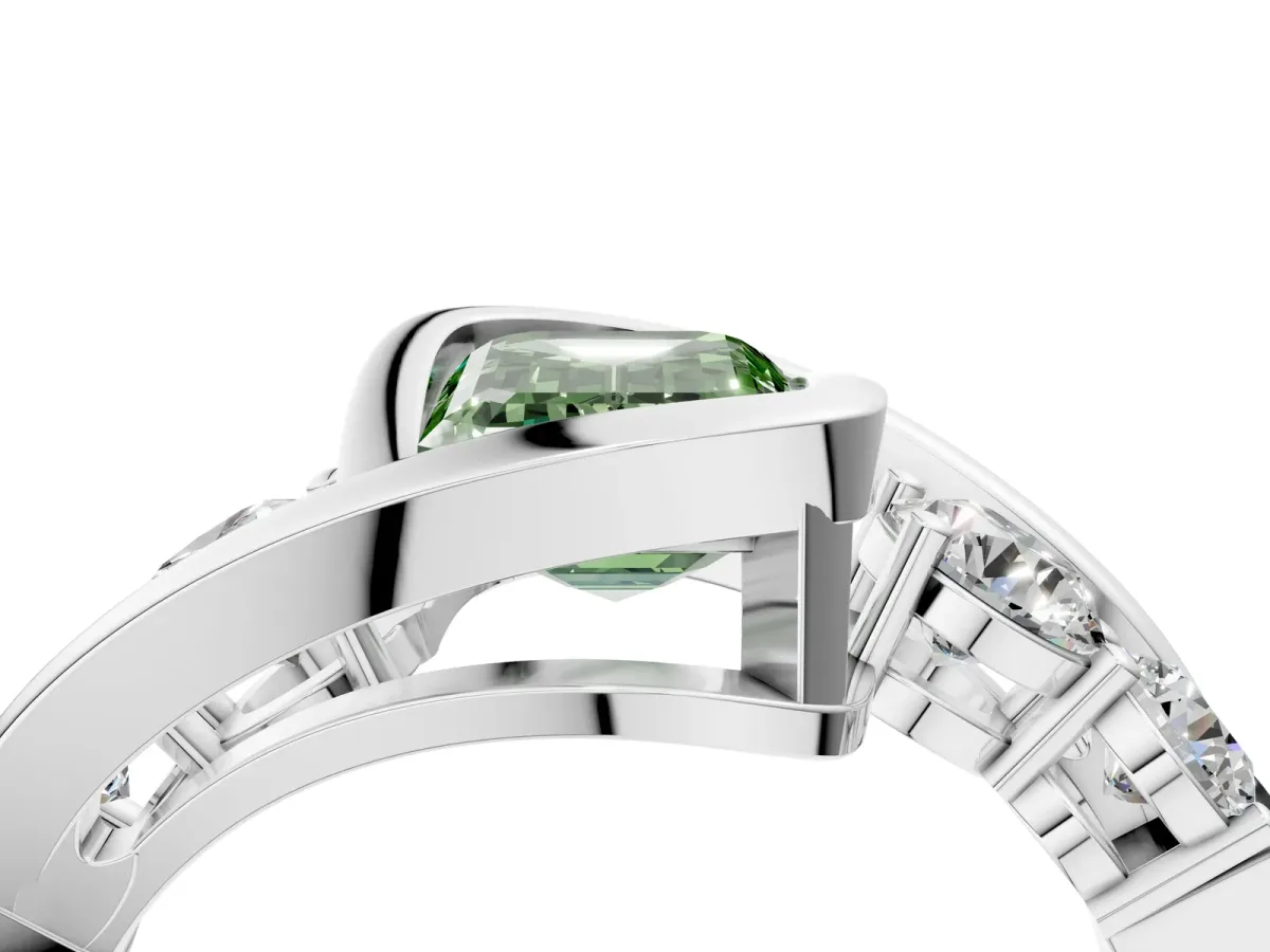 Fancy Green Bezel Set Emerald Cut Diamond Bypass Ring with Round Accents Platinum
