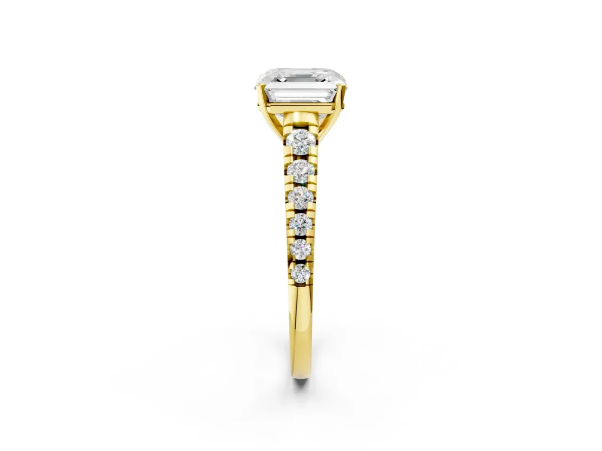 Asscher Cut Diamond Cathedral Solitaire Ring with Round Moissanite Pavé Band Yellow gold