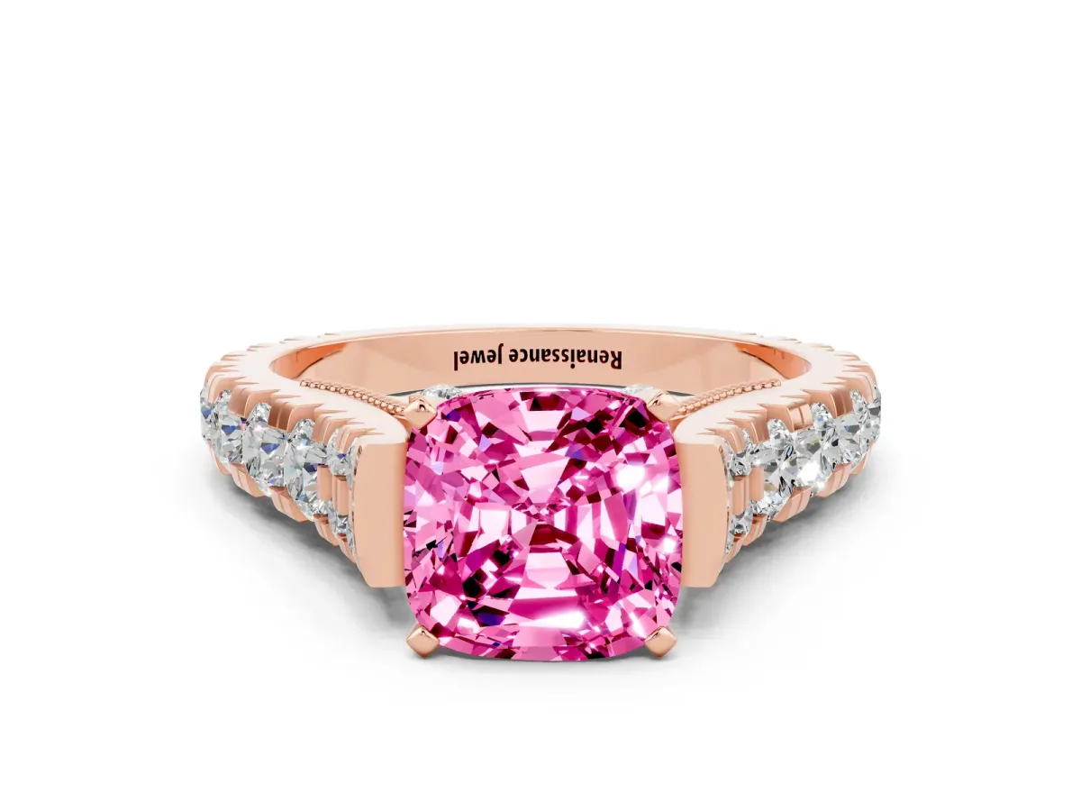 Cushion Cut Pink Sapphire Classic Solitaire Ring with Pavé Band and Four-Prong Setting Rose gold
