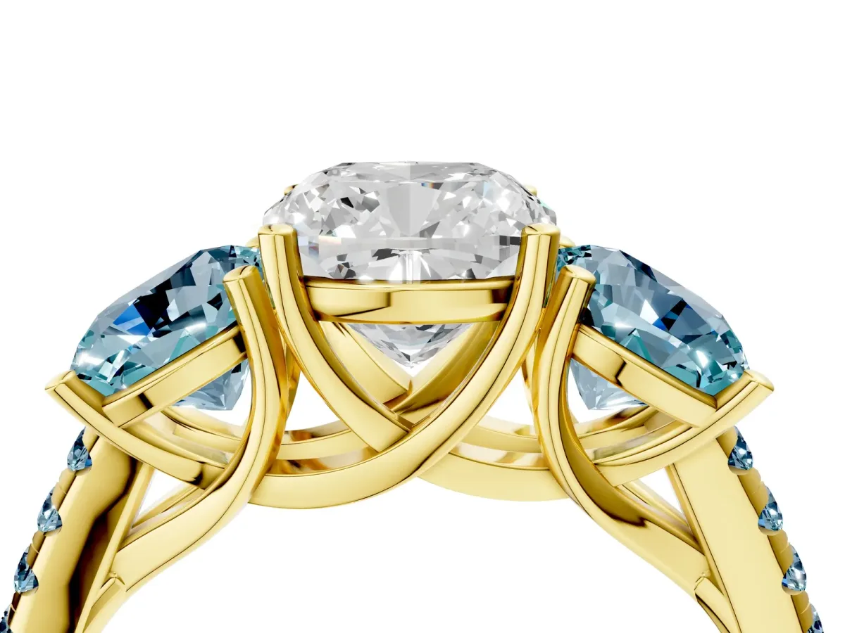 Three-Stone Cushion Cut Diamond Ring with Round Aquamarine Pavé Band and Prong Setting Yellow gold