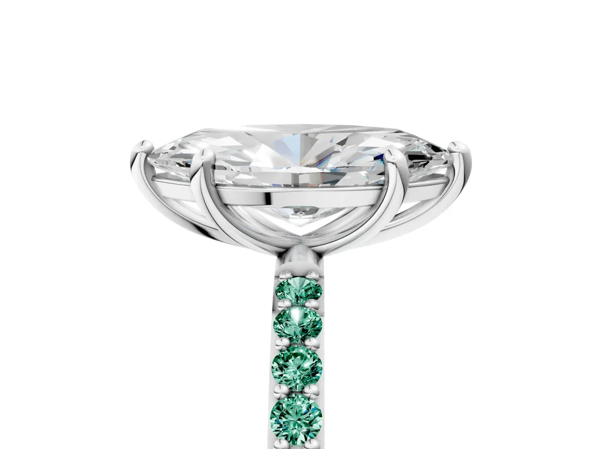 Marquise Cut Diamond Solitaire Ring with Round Green Sapphire Pavé Band and Prong Setting White gold