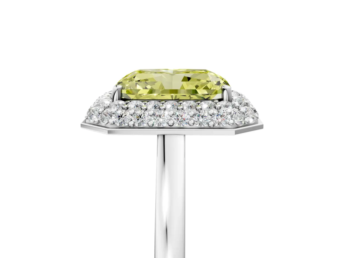 Fancy Yellow Radiant Cut Halo Diamond Engagement Ring with Solitaire Band and Four-Prong Setting Platinum