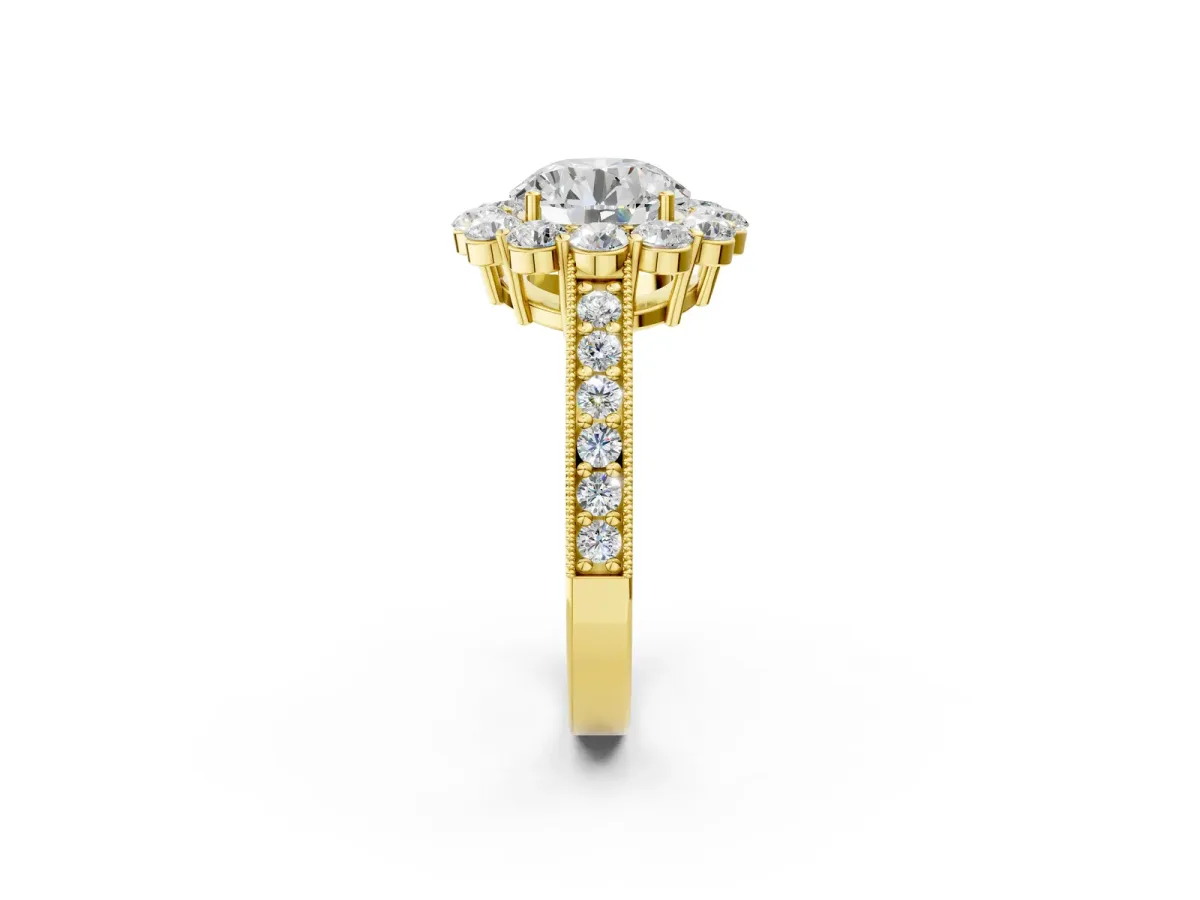 Round Cut Cut Halo Diamond Pavé Engagement Ring with Milgrain Detailing Yellow gold