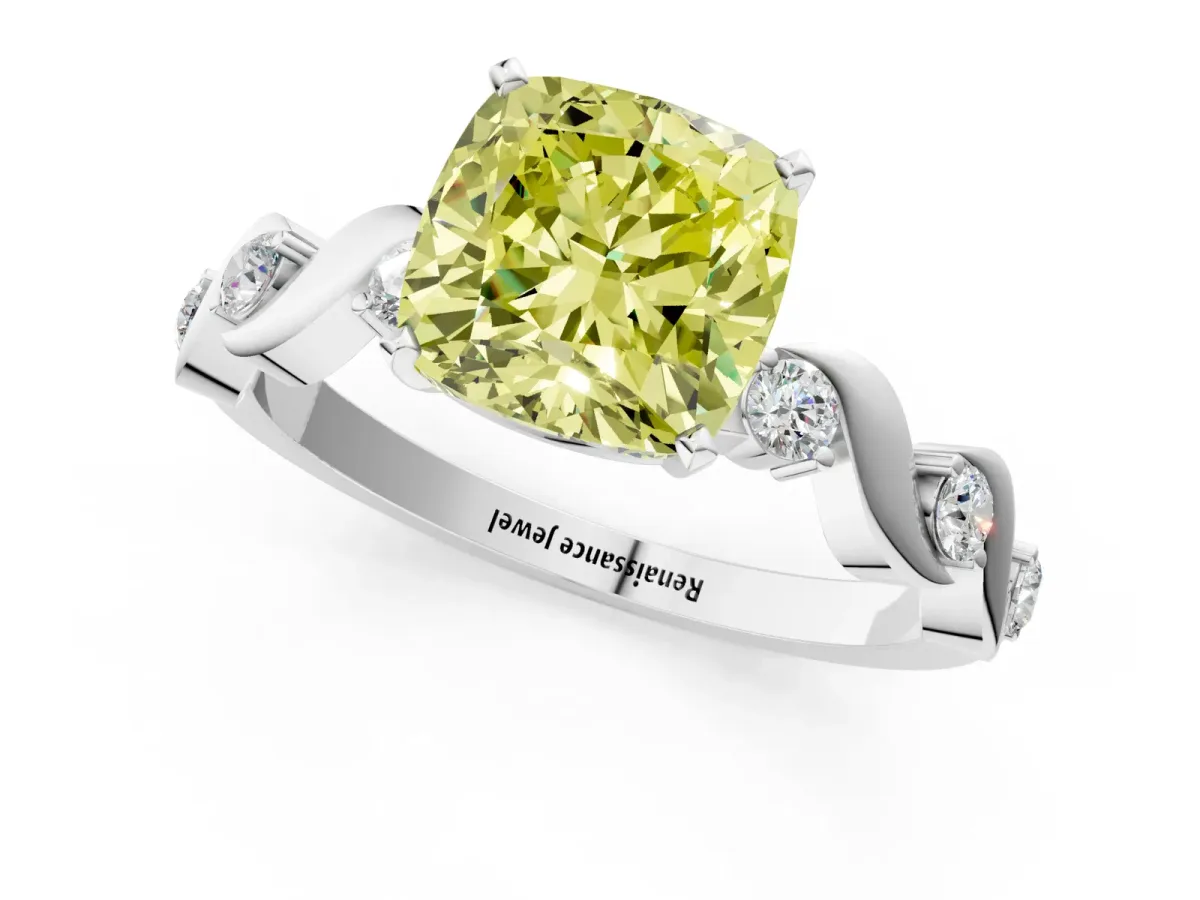 Fancy Yellow Cushion Cut Diamond Solitaire Twisted Band with Round Accents and Prong Setting White gold