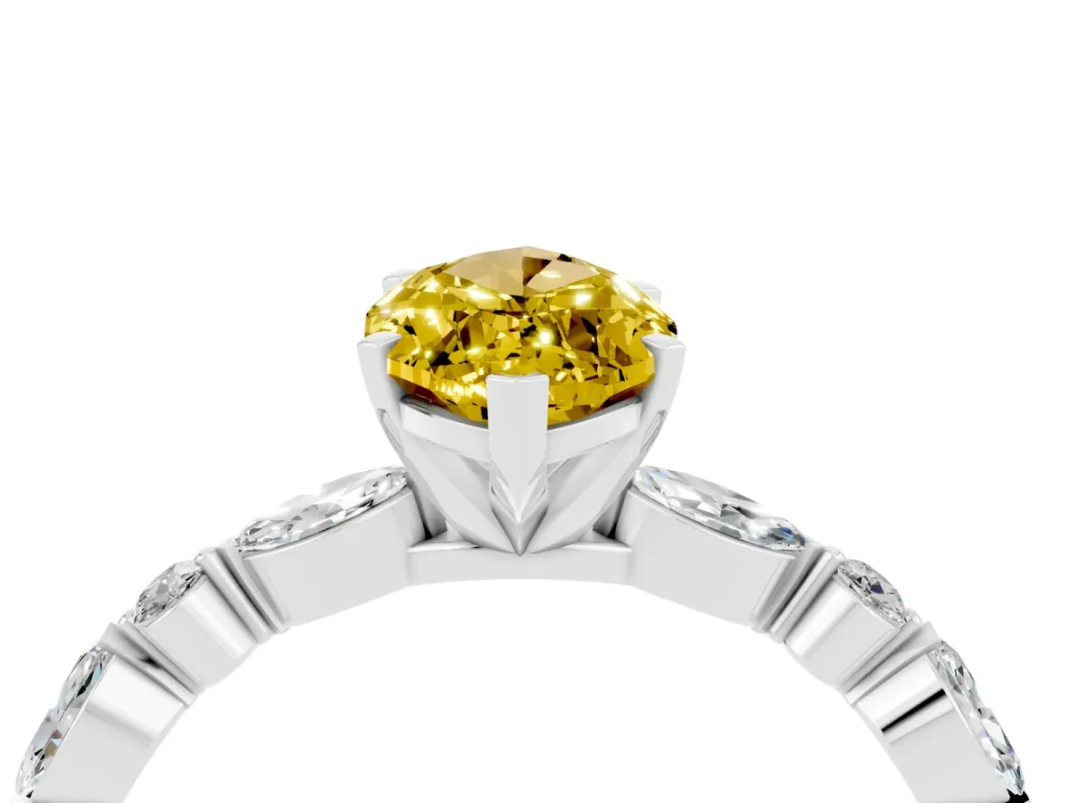 Marquise Cut Yellow Sapphire Ring with Marquise and Round Side Stones and Four-Prong Setting White gold
