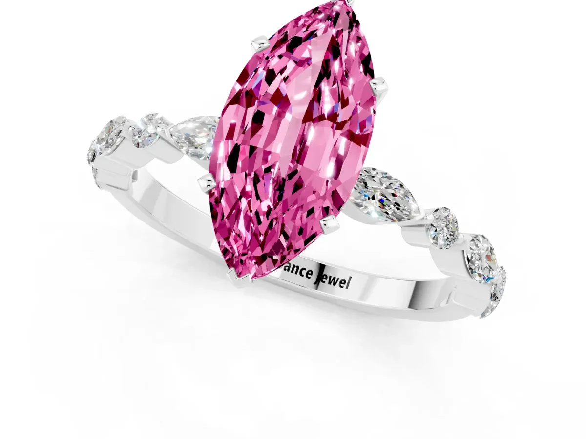 Marquise Cut Pink Sapphire Ring with Marquise and Round Side Stones and Four-Prong Setting White gold