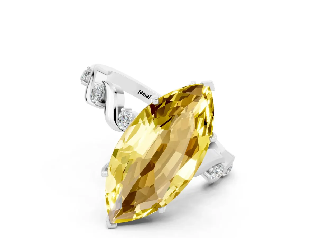Marquise Cut Yellow Sapphire Solitaire Twisted Band with Round Accents and Prong Setting Platinum