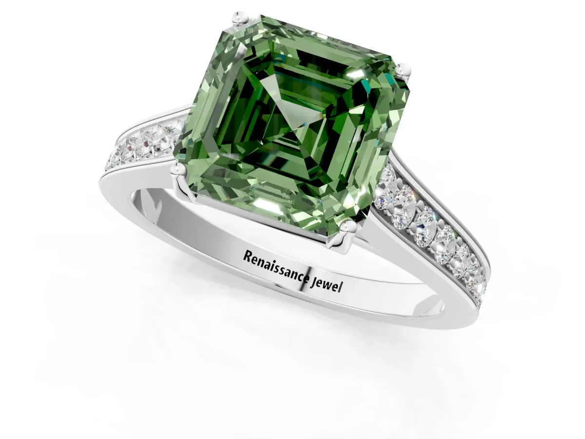 Fancy Green Asscher Cut Brilliant Cut Diamond Engagement Ring with Pavé Band and Four-Prong Setting Platinum