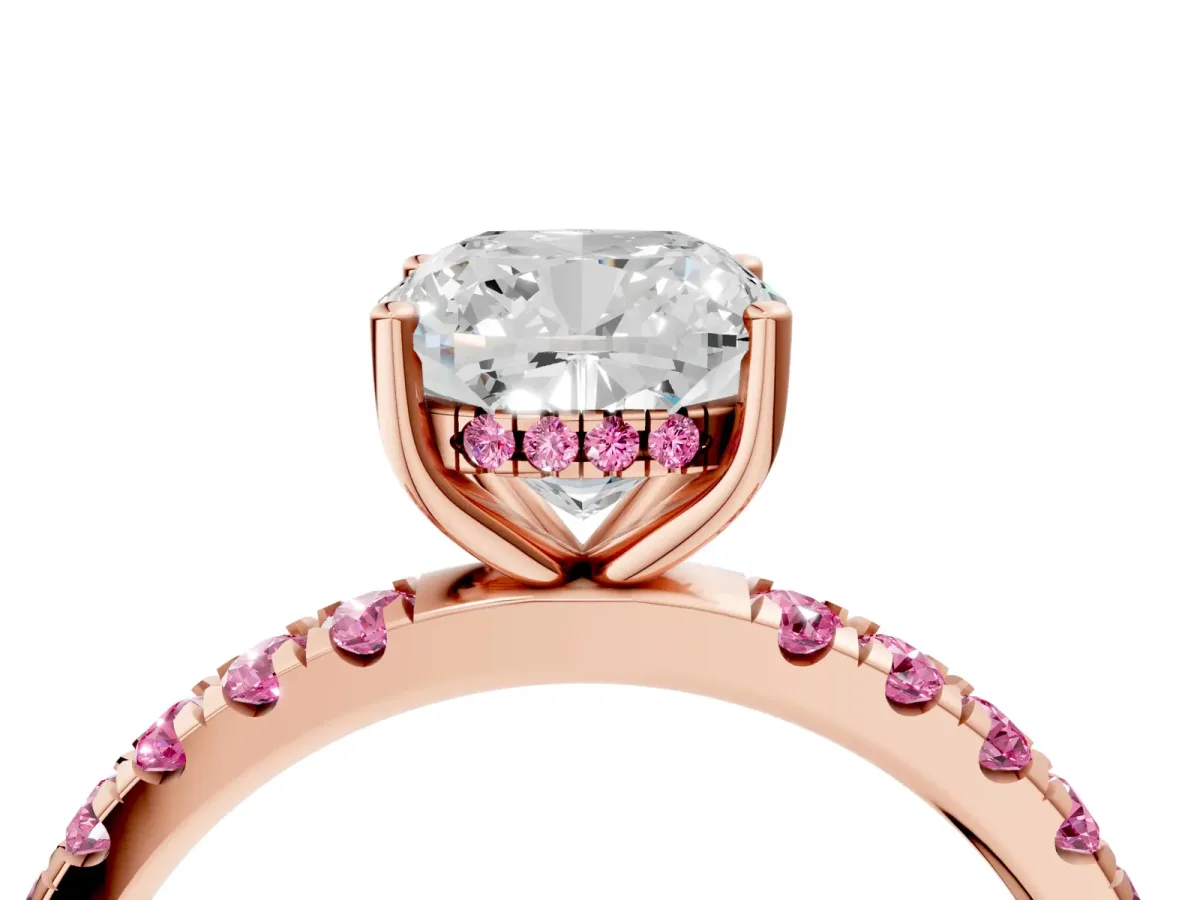 Cushion Cut Diamond Pave Band Solitaire Ring with Round Pink Sapphire and Prong Setting Rose gold