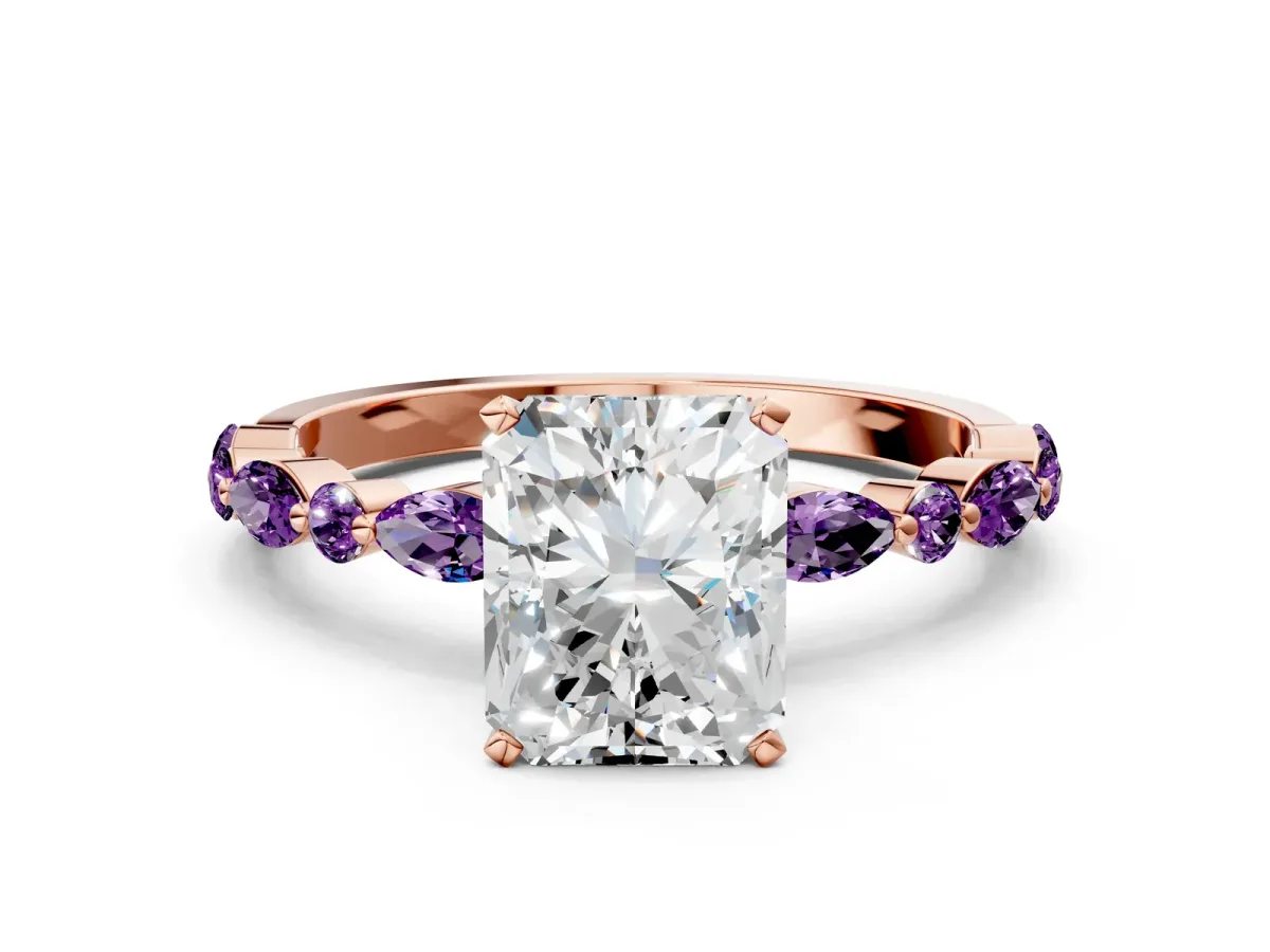 Radiant Cut Diamond Ring with Marquise and Round Amethyst Side Stones and Four-Prong Setting Rose gold