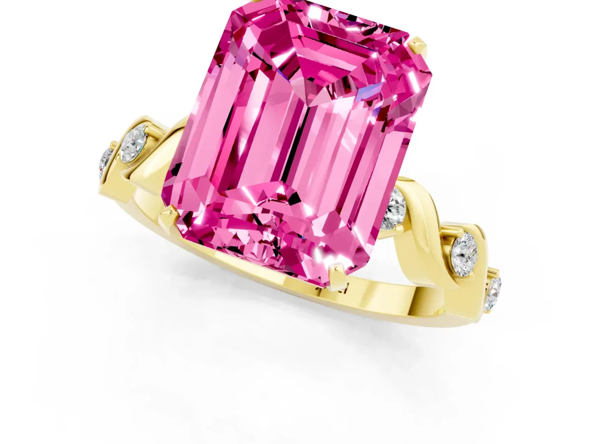 Emerald Cut Pink Sapphire Solitaire Twisted Band with Round Accents and Prong Setting Yellow gold