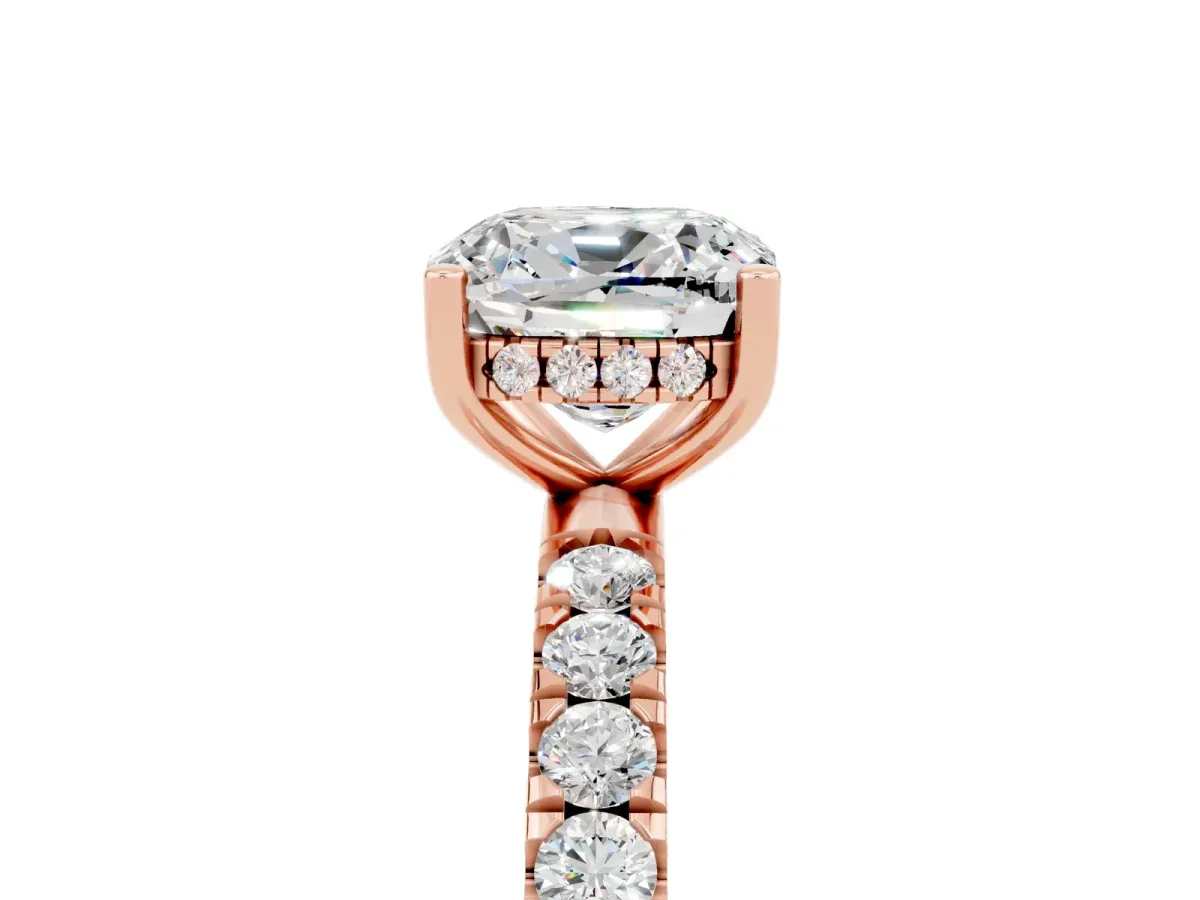 Cushion Cut Moissanite Pave Band Solitaire Ring with Round and Prong Setting Rose gold