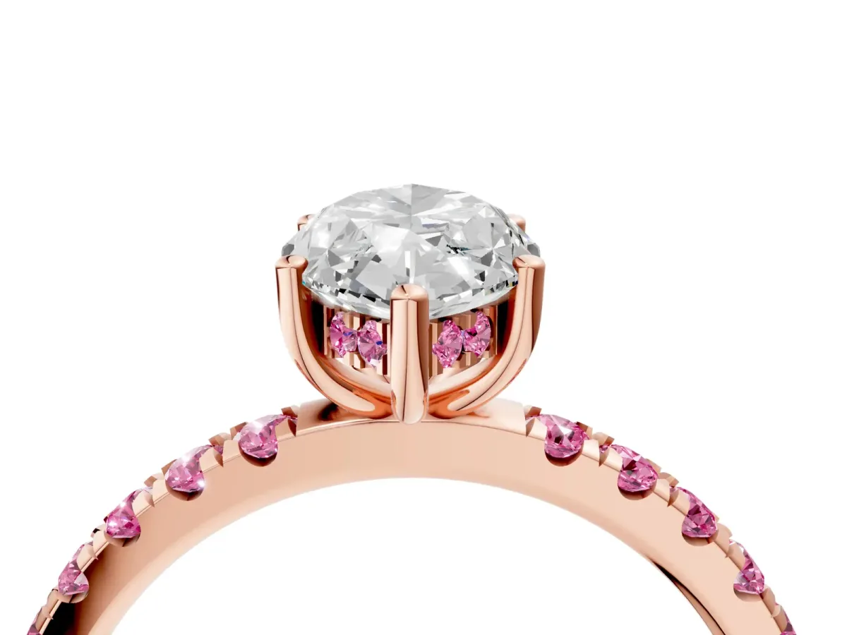 Marquise Cut Diamond Pave Band Solitaire Ring with Round Pink Sapphire and Prong Setting Rose gold