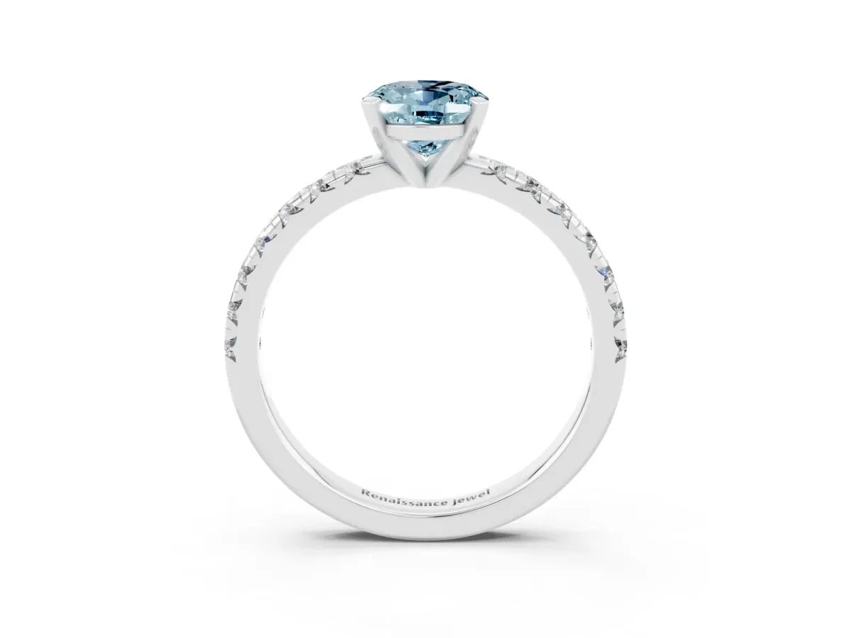 Oval Cut Aquamarine Solitaire Pavé Engagement Ring with Round Band and Prong Setting White gold