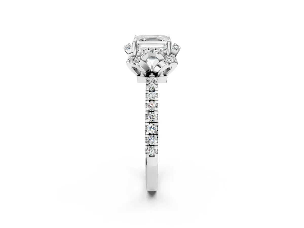 Asscher Cut Halo Diamond Pave Band Ring with Four-Prong Setting Platinum
