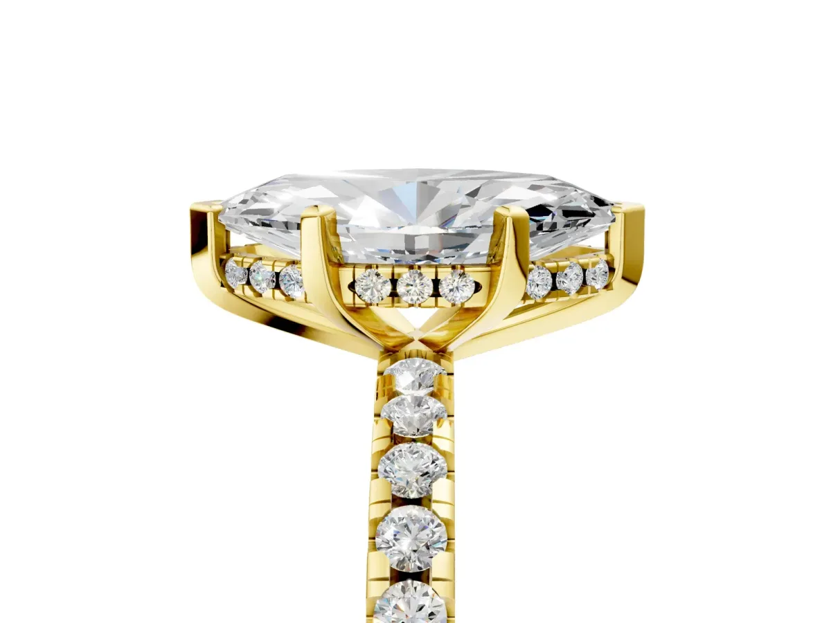 Marquise Cut Diamond Solitaire Ring with Round Pavé Band and Four-Prong Setting Yellow gold