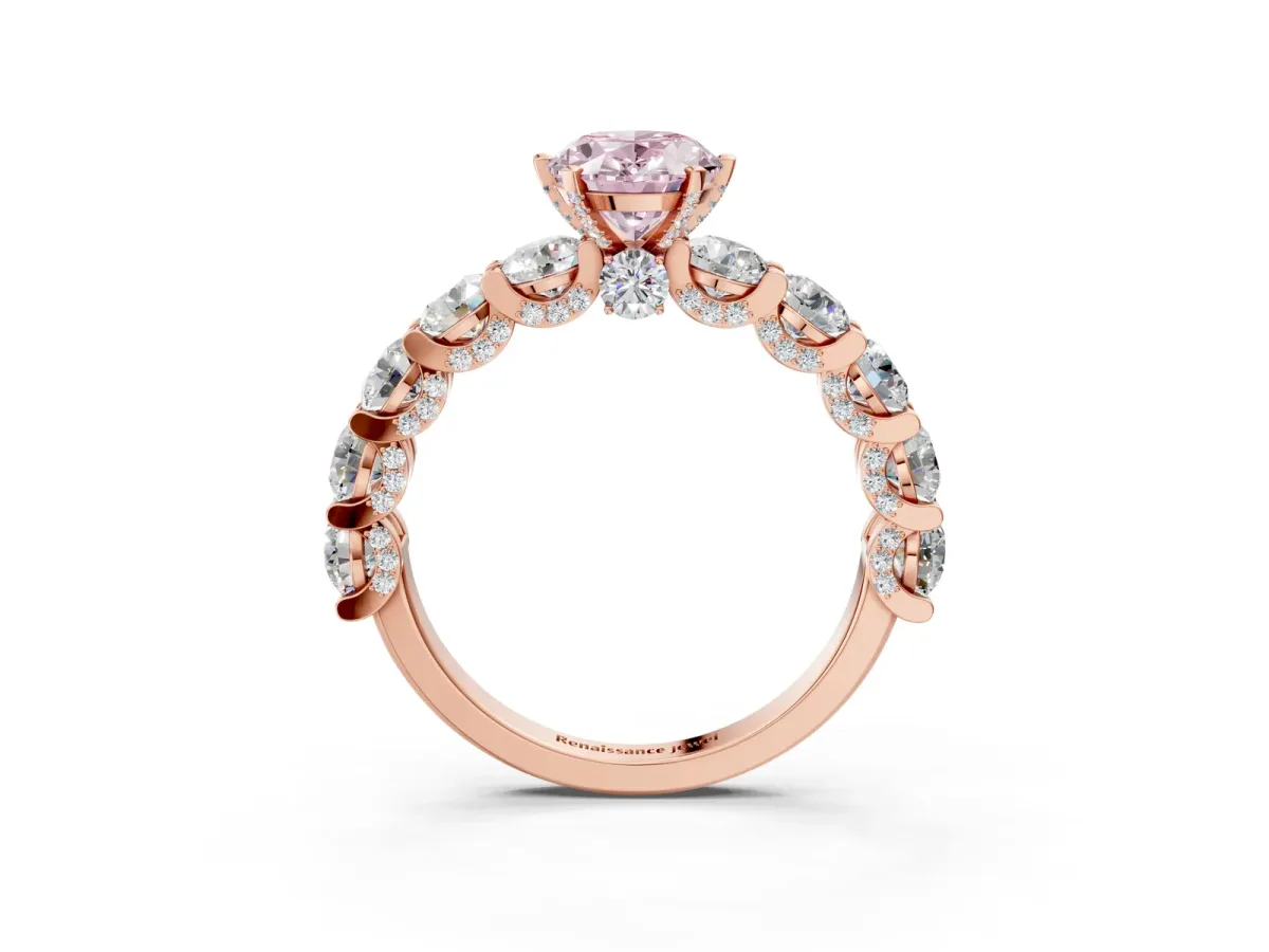 Fancy Pink Oval Cut Diamond Side Stone Engagement Ring with Four-Prong Setting Rose gold