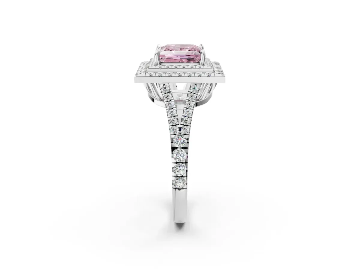 Fancy Pink Princess Cut Diamond Double Halo Ring with Pavé Band and Prong Setting White gold