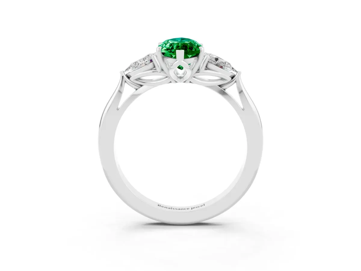 Marquise Cut Emerald Three-Stone Ring with Pear Side Stones and Prong Setting White gold