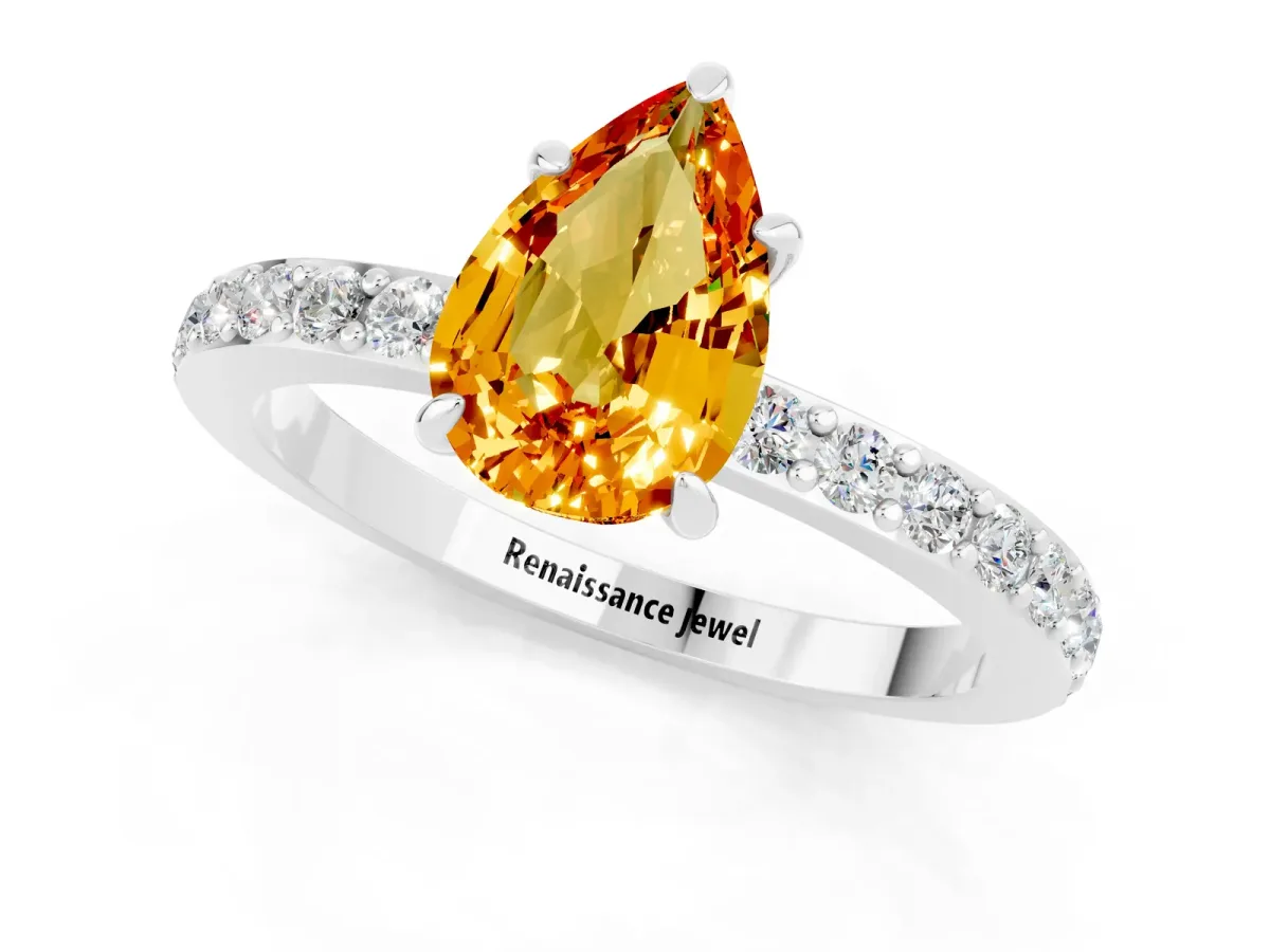 Pear Cut Citrine Solitaire Engagement Ring with Pavé Band and Four-Prong Setting Silver