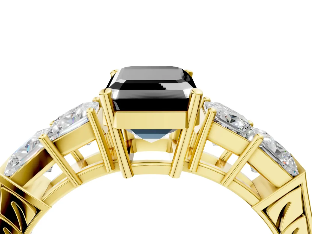 Fancy Black Emerald Cut Solitaire Princess Side Stone Engraved Band Prong Setting Ring Yellow gold