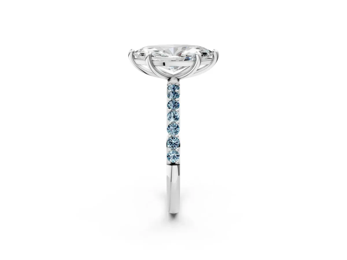 Marquise Cut Diamond Solitaire Ring with Round Aquamarine Pavé Band and Prong Setting White gold
