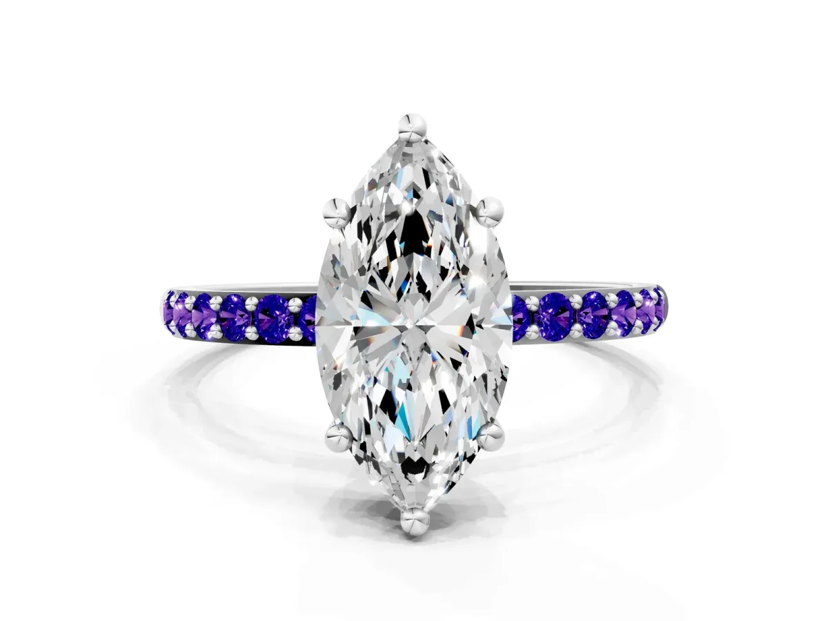 Marquise Cut Diamond Solitaire Ring with Round Tanzanite Pavé Band and Prong Setting White gold